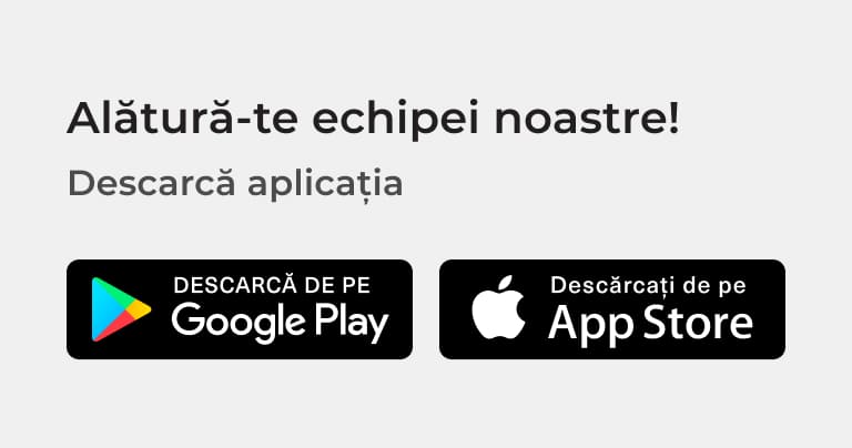 Invitație de a te alătura echipei și de a instala aplicația, cu opțiuni de descărcare pentru Android și iOS din magazinele oficiale.