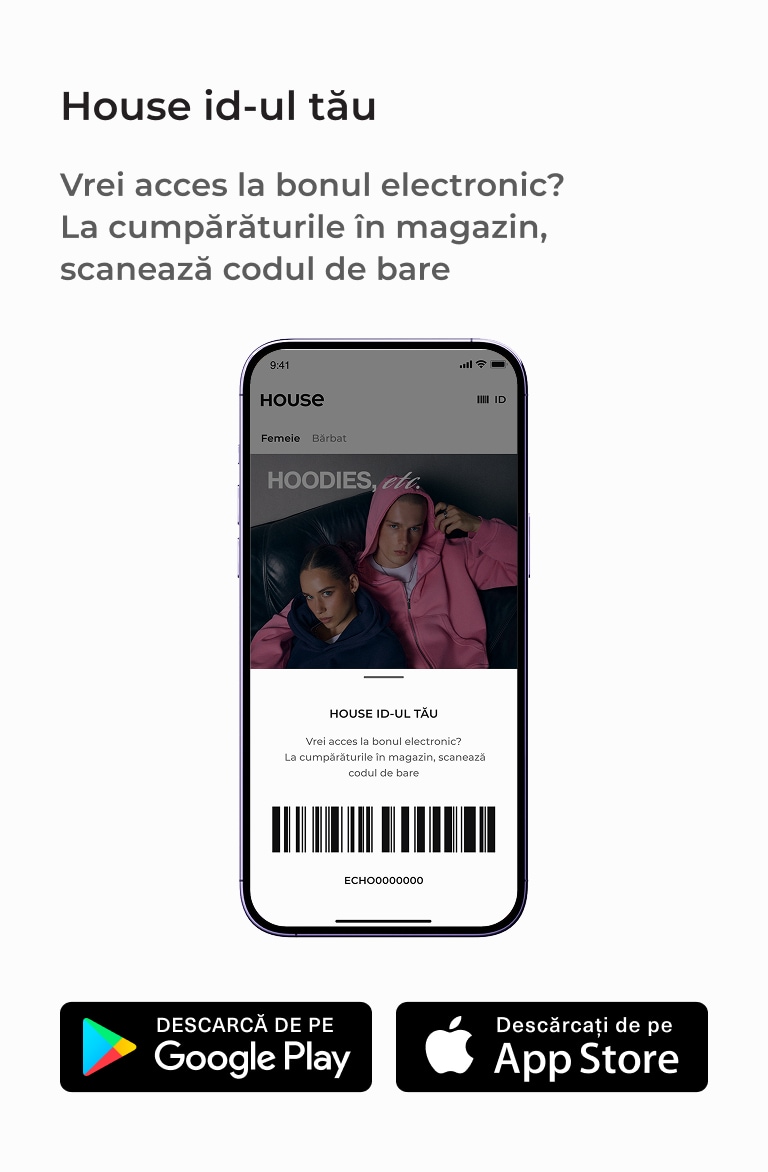Instrucțiuni pentru accesarea bonului electronic House prin scanarea codului de bare din aplicația mobilă la cumpărăturile în magazin și descărcarea aplicației din Google Play sau App Store