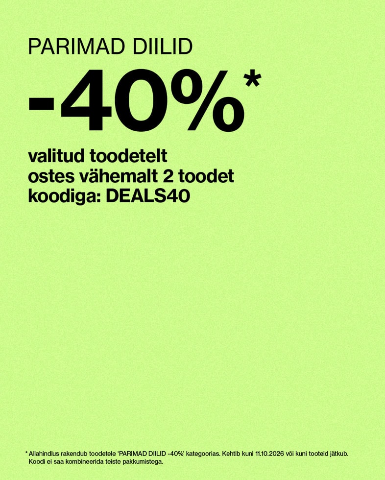 Valitud toodetelt 40% allahindlus vähemalt kahe toote ostmisel koodiga DEALS40; pakkumine kehtib piiratud aja jooksul.