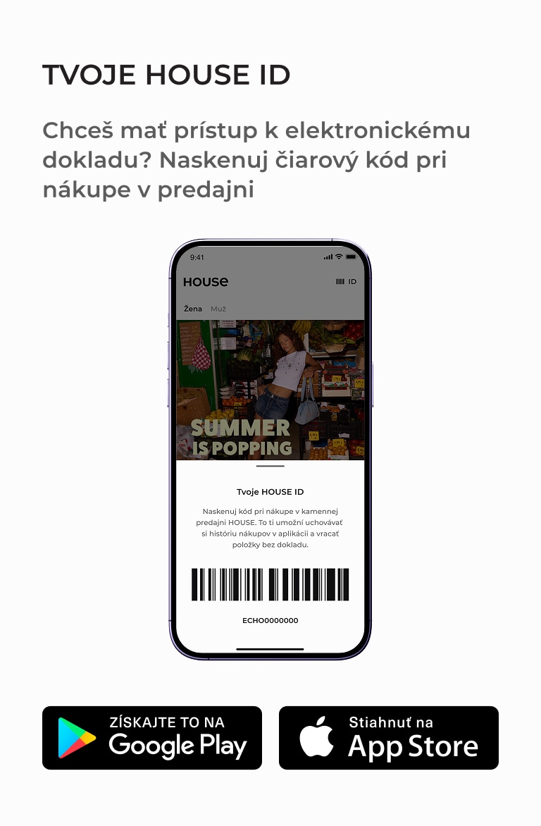 Informácia o službe House ID v aplikácii House, ktorá umožňuje skenovaním kódu pri nákupe získať elektronický doklad a uchovať históriu nákupov bez papierového bločku.