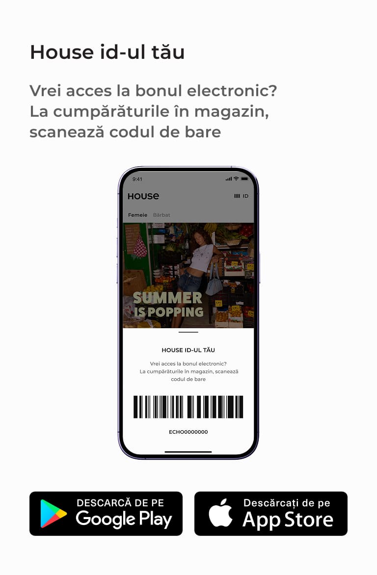Acces la House ID în aplicație pentru scanare la cumpărături și obținerea bonului electronic, cu îndemn de a descărca aplicația mobilă.