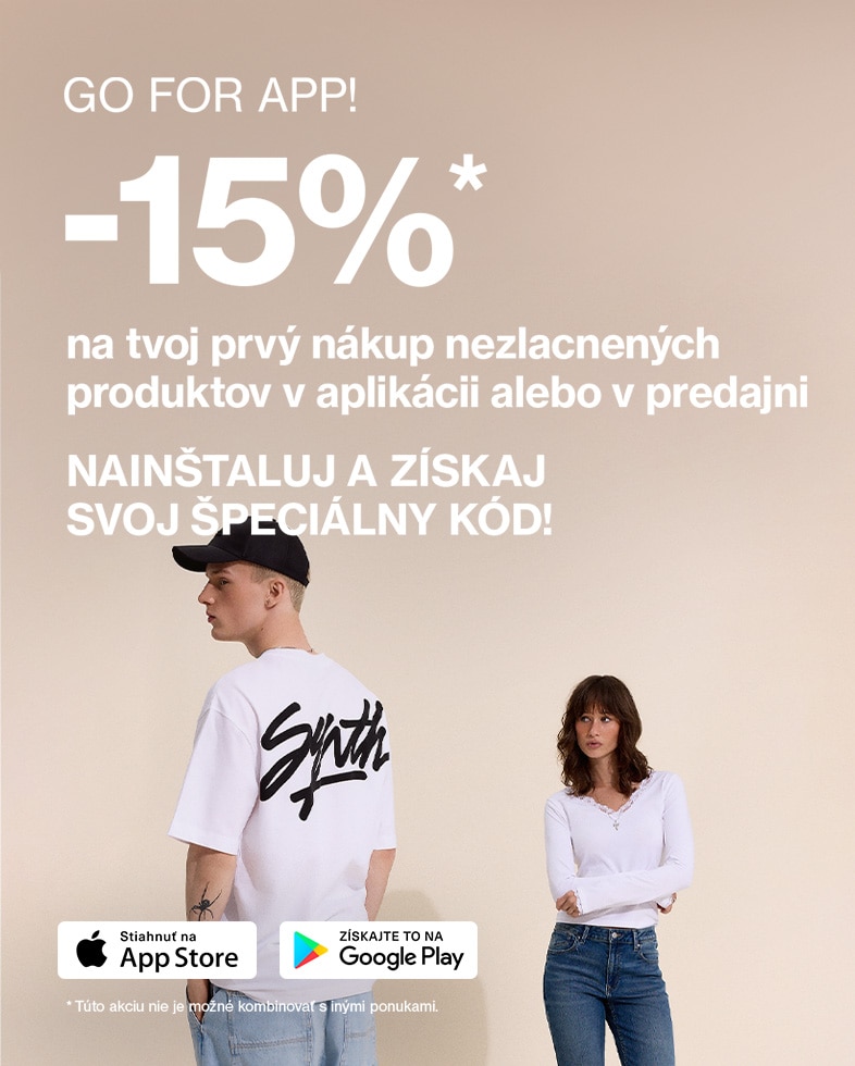 Zľava 15 % na prvý nákup nezľavnených produktov po nainštalovaní aplikácie Sinsay s možnosťou stiahnutia pre App Store a Google Play