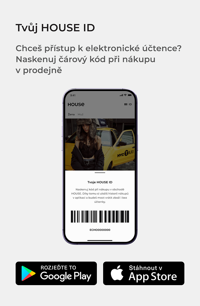 Chceš přístup k elektronické účtence? Naskenuj čárový kód při nákupu v prodejně HOUSE a ulož si historii svých nákupů v mobilní aplikaci. Stáhni si aplikaci z Google Play nebo App Store a získej své HOUSE ID.