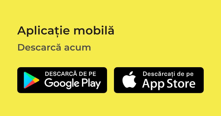 Promovare aplicație mobilă, încurajând utilizatorii să o descarce din Google Play sau App Store.