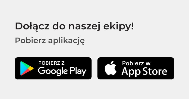 Zachęta do dołączenia do społeczności poprzez pobranie aplikacji mobilnej, dostępnej w Google Play i App Store.